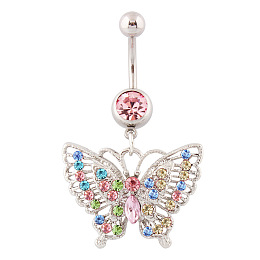 Honeyhandy Butterfly Rhinestone Charm Belly Ring, Navel Ring, Piercing Jewelry for Women, Colorful, 45x27mm, Pin: 1.6mm, Head: 5mm