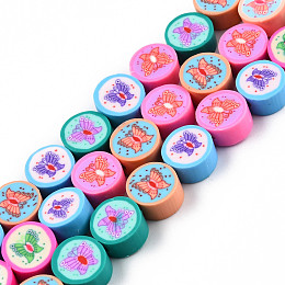 Honeyhandy Handmade Polymer Clay Beads Strands, Flat Round with Butterfly, Colorful, 9~9.5x4.5~5mm, Hole: 1.5~1.8mm, about 40pcs/strand, 14.37 inch(36.5cm)