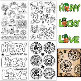 GLOBLELAND 4Pcs Happy St.Patrick's Day Clear Stamps Gnome Vintage Round Label Clover Silicone Clear Stamp Seals Set for Cards Making DIY Scrapbooking Photo Journal Album Decoration