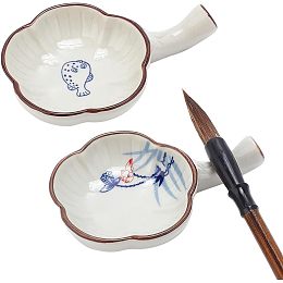 PandaHall Elite Plant Ink Dish Porcelain Ink Plate with Handle Chinese Calligraphy Painting Brush Rest Holder Flower Shape Multifunctional Ink Dish for Calligraphy Sumi-e Painting Japanese Prints