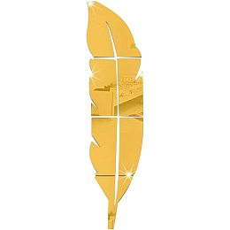 CREATCABIN 3D Acrylic Mirror Wall Sticker Wall Art Decals Decor Feather Shaped Self Adhesive Removable Eco-Friendly for Home Kitchen Bedroom Living Room Bathroom Decoration 12 x 48inch, Gold Color