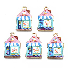 Rack Plating Alloy Enamel Pendants, Cadmium Free & Nickel Free & Lead Free, House, Pink, 21.9x13.3x2mm, Hole: 1.5mm