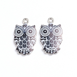 Alloy Enamel Pendants, Owl, Platinum, Black, 23.5x13x2mm, Hole: 1.6mm, 2pcs/bag