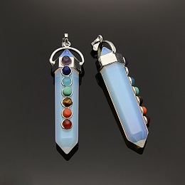 Honeyhandy Yoga Chakra Jewelry Platinum Plated Brass Opalite Double Terminated Pointed Big Pendants, 58x17x16mm, Hole: 7x6mm