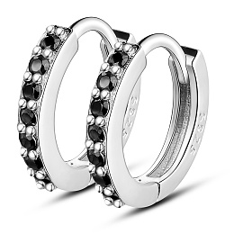 Honeyhandy SHEGRACE 925 Sterling Silver Hoop Earrings, with Black Cubic Zirconia, Carved with S925, Platinum, 12.3mm