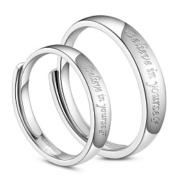 SHEGRACE 925 Sterling Silver Couple Rings, Promise Ring, Carved with Word Believe in yourself, Platinum, Men: 20mm, Women: 18mm