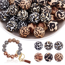 60 Pcs 15mm Silicone Beads Loose Silicone Beads Kit Leopard Print Silicone Beads for Keychain Making Bracelet Necklace, Mixed Color, 15mm, Hole: 2mm