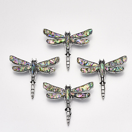 Honeyhandy Abalone Shell/Paua Shell Brooches/Pendants, with Alloy Findings and Resin Bottom, Rhinestone, Dragonfly, Antique Silver, Colorful, 53x62x10mm, Hole: 5x4mm, Pin: 0.7mm