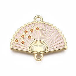 Honeyhandy Alloy Links, with Enamel, Folding Fan with Plum Blossom, Light Gold, Pink, 20x23.5x2mm, Hole: 1.5mm