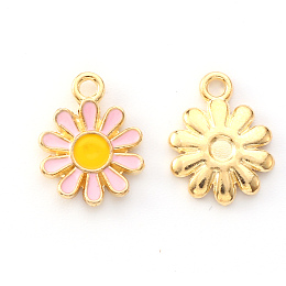 Honeyhandy Alloy Enamel Charms, Flower, Light Gold, Pink, 14x12x2mm, Hole: 1.6mm