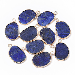 Honeyhandy Natural Lapis Lazuli Pendants, with Golden Tone Brass Open Back Bezel, Oval, 25x15.5x2~3mm, Hole: 2mm