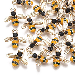 Honeyhandy Alloy Enamel Pendants, with Rhinestone, Bees, Light Gold, Orange, 15x16.5x3.5mm, Hole: 2mm