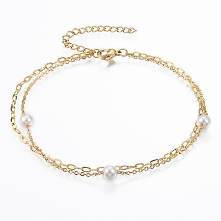 Honeyhandy 304 Stainless Steel Multi-Strand Anklets, with Lobster Clasps, Acrylic Pearl Beads and Extender Chains, Round, Golden, 7-7/8 inch(20cm)