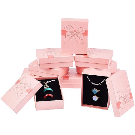 PandaHall Elite 10pcs Jewelry Gift Box, 3.58x2.72x1.24 Inch Pink Rectangle Cardboard Gift Packaging Box Small Necklace Earring Kraft Box for Jewelry Set with Sponge Liner Cushion, 9.1x6.9x3.15cm