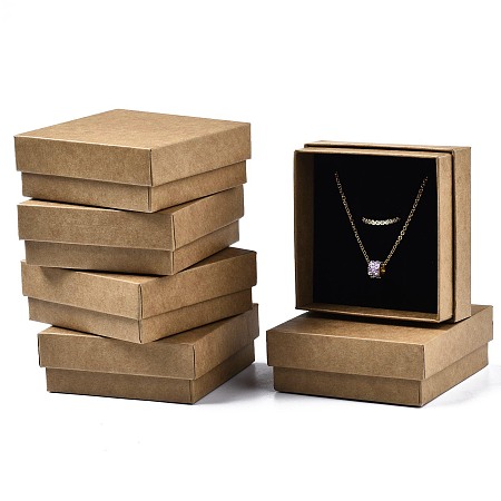 Honeyhandy Cardboard Jewelry Set Box, for Ring, Earring, Necklace, with Sponge Inside, Square, Tan, 8.9x8.9x3.3cm, Inner Size: 8.3x8.3cm, Without Lid Box: 8.5x8.5x3.1cm