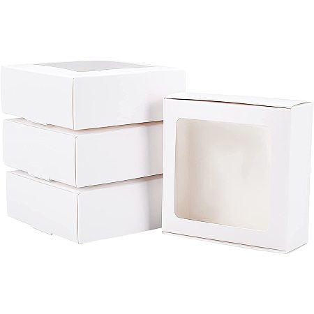 BENECREAT 20 Pack White Kraft Paper Boxes with Clear Window 3.6x3.6x1.4 Inch Gift Packaging Boxes for Bakery Cookies Cake Candy Wedding Party Favors