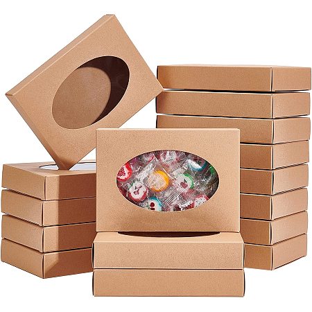 BENECREAT 20 Packs 5.5x3.9x1inch Oval Clear PVC Window Gift Boxes, Rectangle Brown Kraft Present Packing Boxes for Candy, Handmade Soap, Party and Wedding Gift