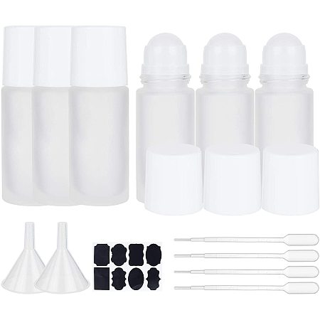 BENECREAT 6 Pack 50ml Frosted Glass Essential Oil Bottle Clear Roller on Bottles with White Cap, 4PCS Pipettes, 2PCS Hopper and 1 Sheet Label for Essential Oils Perfumes Aromatherapy