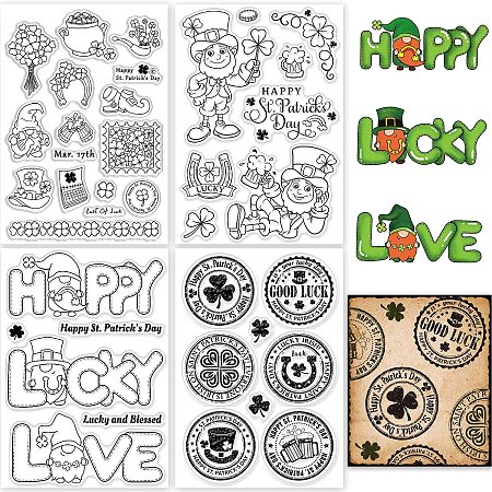 GLOBLELAND 4Pcs Happy St.Patrick's Day Clear Stamps Gnome Vintage Round Label Clover Silicone Clear Stamp Seals Set for Cards Making DIY Scrapbooking Photo Journal Album Decoration