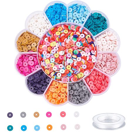 PandaHall Elite 6mm Colorful Beads Kit, Approx 3150pcs Heishi Disc Flat Polymer Clay Beads with 0.8mm Crystal Elastic Thread for Bracelet Craft Supplies