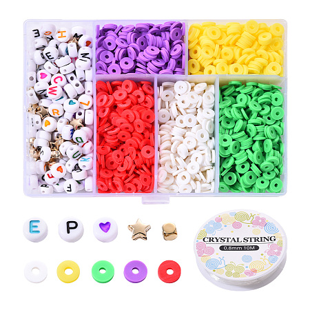 Arricraft 1350Pcs Polymer Clay Beads Kit for DIY Jewelry Making, Including Disc/Flat Round Polymer Clay Beads, Flat Round Acrylic Beads, Star & Cube Arricraft Plastic Beads and Elastic Crystal Thread, Red, Polymer Clay Beads: about 1200pcs/box