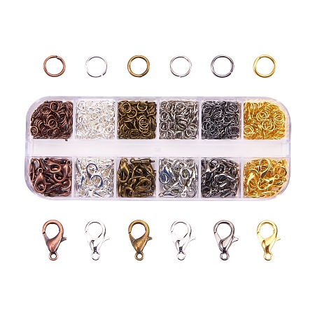 ARRICRAFT Alloy Lobster Claw Clasps and Iron Open Jump Rings, Mixed Color, 12x6mm, Hole: 1.2mm, 132pcs/box, 5x0.7mm, about 840pcs/box