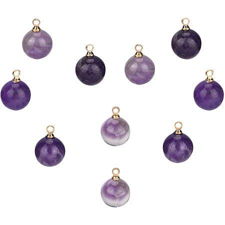 SUNNYCLUE 1 Box 10Pcs Round Natural Gemstone Charms Amethyst Charm Bead with Golden Brass Loops for Necklaces Bracelets Earring Jewelry Making Starter Supplies, 0.6x0.4inch