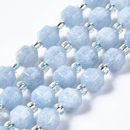Arricraft Natural Aquamarine Beads Strands, with Seed Beads, Faceted, Polygon, 6x6mm, Hole: 1.2mm, about 47~48pcs/strand, 14.84 inch~14.96 inch(37.7cm~38cm)