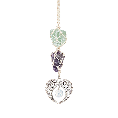 FINGERINSPIRE Hanging Car Charm Natural Amethyst Green Aventurine Hanging Ornament with Alloy Wing Heart & Crystal Ball Rough Stone Ornaments Healing Crystal Accessory for Rearview Mirror Decor