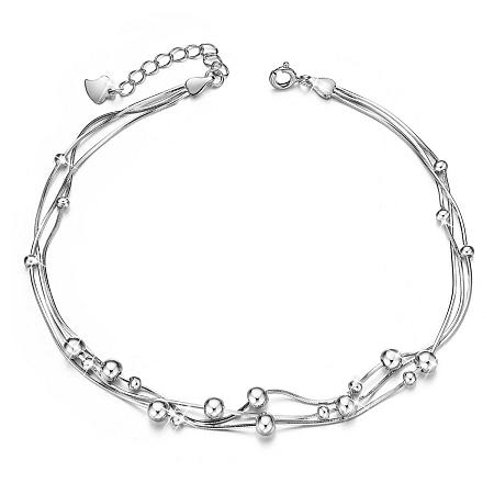 SHEGRACE 925 Sterling Silver Anklet with Triple Layered Chain and Beads, Platinum, 8-1/4 inch(21cm)