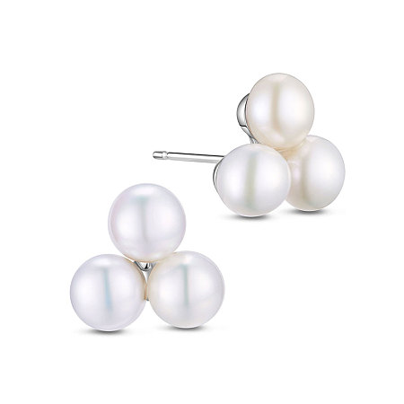 SHEGRACE 925 Sterling Silver Ear Studs, with Three Freshwater Pearl, Platinum, White, 11x11mm