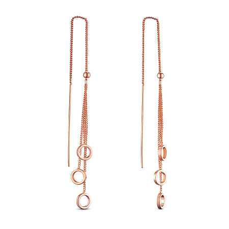 SHEGRACE Brass Stud Earring, Ear Threads, with Curb Chains and Round Beads, Ring, Rose Gold, 111mm