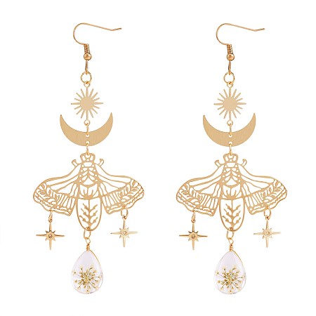 SHEGRACE Alloy Moth with Flower Specimen Drop Dangle Earrings, Moon Sun Star Long Drop Earrings for Women, Golden, 111x45mm, Pin: 0.8mm