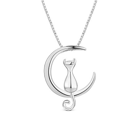SWEETIEE Sterling Silver Cat and Moon Collar Necklace Lovely Kitten Pendant