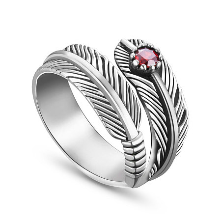 SWEETIEE 925 Sterling Silver Antique Feather Ring 18mm Adjustable Ring for Girls with Red Zircon
