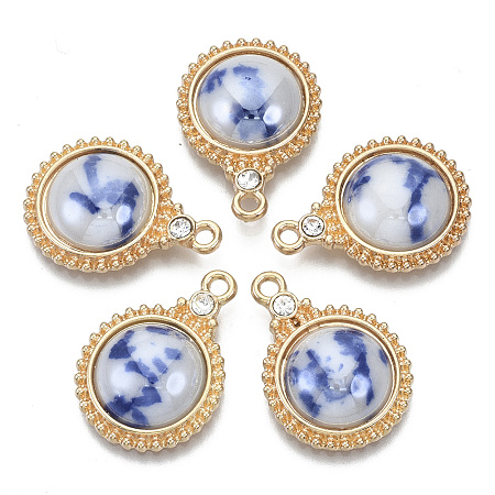 Arricraft Porcelain Pendants, with Light Gold Plated Brass Findings and Crystal Rhinestone, Half Round, RoyalBlue, 23x17x5mm, Hole: 1.8mm