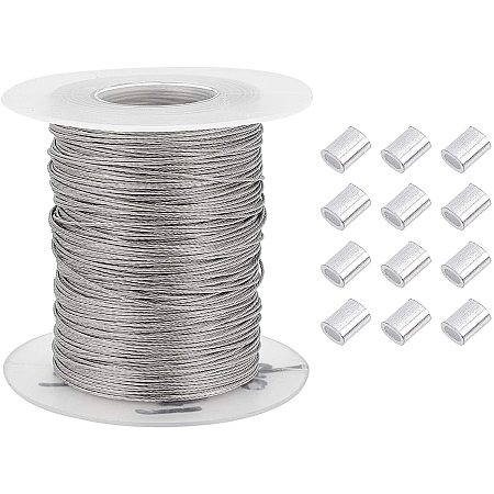 PandaHall Elite 328 Feet/109 Yards 0.6mm Heavy Duty Picture Hanging Wire, 304 Stainless Steel Photo Frame Hanging Wire with 30 pcs Aluminum Crimping Loop Sleeve for Mirrors Frames, Load Capacity 13.8LB