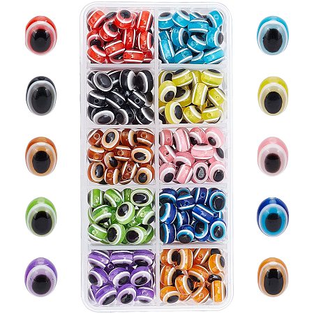AHANDMAKER 250 Pcs Oval Evil Eye Resin Beads, 10 Colors Handmade Evil Eye Lampwork Beads 8x6mm Spacer Beads with Container for DIY Bracelets Necklace Earring Jewelry Making, Hole: 2mm