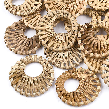 Honeyhandy Handmade Reed Cane/Rattan Woven Pendants, For Making Straw Earrings and Necklaces, Flat Round, BurlyWood, 38~48x5mm, Hole: 16~20mm