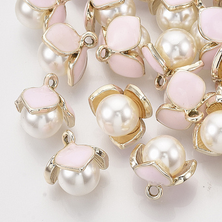 Honeyhandy Alloy Enamel Pendants, with ABS Imitation Pearl Beads, Light Gold, Flower, Pink, 15x15.5x10x12mm, Hole: 1.8mm