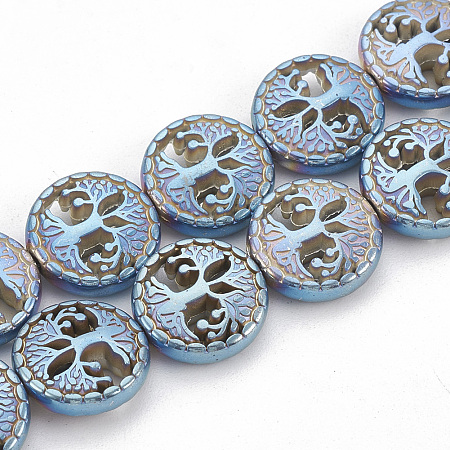 Electroplate Non-magnetic Synthetic Hematite Beads Strands, Flat Round with Tree of Life, Blue Plated, 12~12.5x4~4.5mm, Hole: 1mm; about 32pcs/strand, 16.14 inches