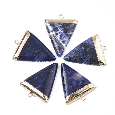 Honeyhandy Electroplate Natural Sodalite Pendants, with Iron Findings, Triangle, Golden, 30~34x23x5~5.5mm, Hole: 1.6mm