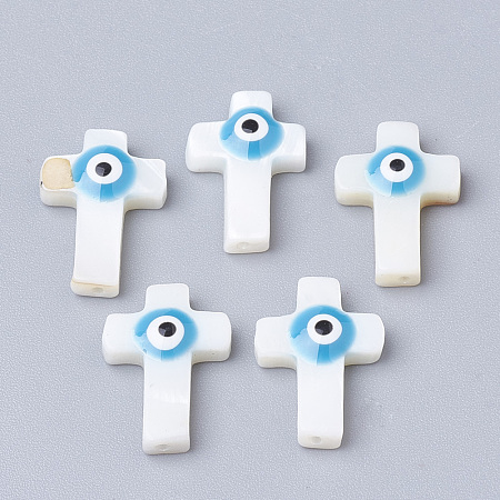 ARRICRAFT Natural Freshwater Shell Beads, Cross with Evil Eye, Dodger Blue, 17x12x4mm, Hole: 1mm