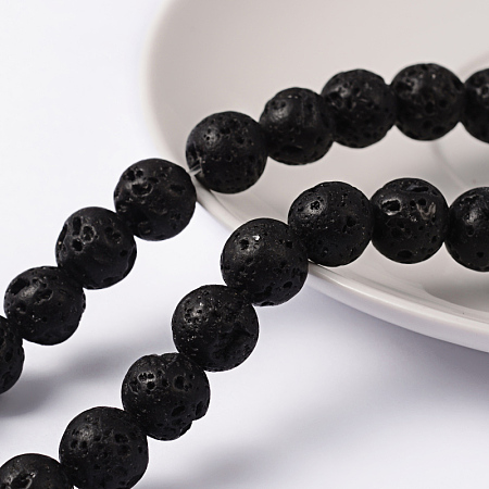 Honeyhandy Natural Lava Rock Beads Strands, Round, Black, 10mm, Hole: 2mm, about 40pcs/strand, 16 inch