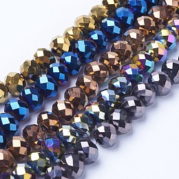 Electroplate Transparent Glass Beads Strands, Full Plated, Faceted, Rondelle, Mixed Color, 4x3mm, Hole: 0.4mm, about 123pcs/strand, 16.14''~16.93''(41~43cm)