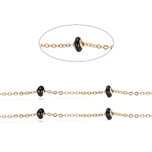 Honeyhandy Stainless Steel Satellite Chains, with Enamel Beads and Spool, Soldered, Long-Lasting Plated, Flat Round, Golden, Black, 1.5x1.2x0.3mm, about 32.8 Feet(10m)/roll