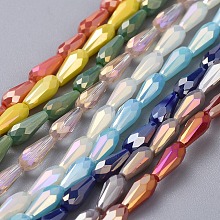 Honeyhandy Electroplated Glass Beads Strands, Full Rainbow Plated, Faceted, Teardrop, Mixed Color, 9~10x4mm, Hole: 0.8mm, about 70~72pcs/strand, 25.98 inch~27.95 inch(66~71cm)