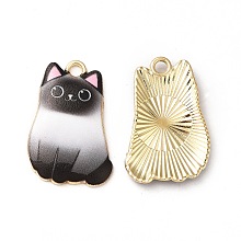 Honeyhandy Alloy Enamel Pendants, Cadmium Free & Nickel Free & Lead Free, Golden, Cat Charms, Black, 25x16x3mm, Hole: 1.8mm