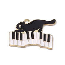 Honeyhandy Music Theme Charm, Alloy Enamel Pendants, Cat with Piano, Golden, White, 20x28x1.2mm, Hole: 2mm