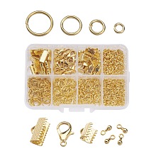 ARRICRAFT 1Box Jewelry Findings 20PCS Alloy Lobster Claw Clasps, 45PCS Iron Ribbon Ends, 40g Brass Jump Rings, 10g Alloy Teardrop End Pieces, Golden, Lobster Clasps: 14x8mm, Hole: 1.8mm, Ribbon Ends: 8~13x6~7x5mm, Hole: 2mm, Jump Rings: 4~10mm, End Piece: 7x2.5mm, Hole: 1.5mm